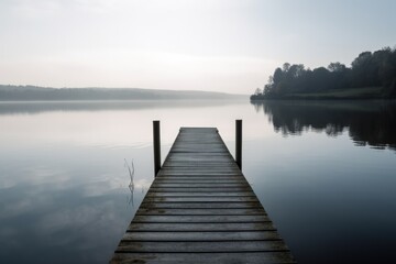  Tranquil Serene Lakeside View, Wooden Pier, Calm Water, Peaceful Nature Escape, Reflections on Surface - Generative AI