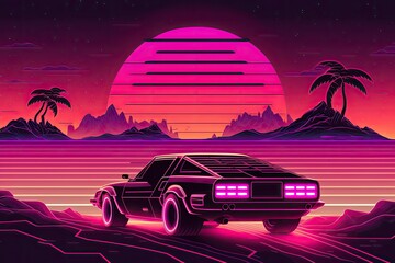 Sticker - car driving through a vast desert landscape at sunset. Generative AI