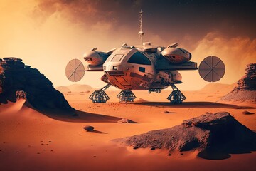 Poster - futuristic space station in a barren desert landscape. Generative AI