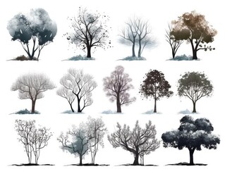 Set Isolated tree on white background, silhouette shadows winter trees, The collection of trees. Collection of natural design elements trees. generative ai