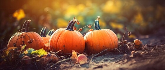 Autumn Halloween pumpkins. Orange pumpkins over nature background  Generative AI
