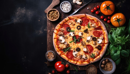 Margherita pizza with mozzarella olive tomato and basil on black wooden background with studio lighting. Food and delivery concept. Generative AI