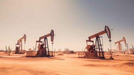 Working oil pumps in desert place. Natural resources industry. Oil rig in dunes. Generative AI