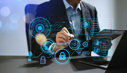 Wall Mural - cyber security data protection business working on compute intelligenc digital tablet global network
