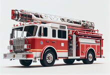 A Red Fire Truck With A Ladder On Top Of It's Roof And A Fire Hose On Top Of It's Roof Rack And A White Background With A White Background And A White Backdrop. Generative AI