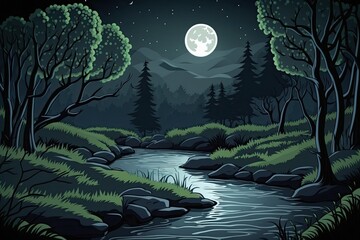 Canvas Print - serene forest river illuminated by the full moon. Generative AI