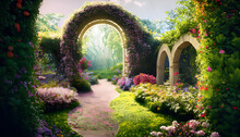Arch In The Garden,beautiful Secret Fairytale Garden With Flower Arches And Colorful Greenery. Digital Painting Background