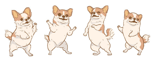  Happy Cartoon long haired chihuahua dog dancing pose set	