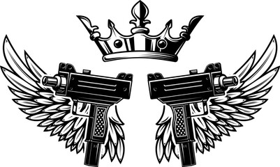 Sticker - Two guns and wings with king crown. Design element for logo, label, sign, poster, badge. Vector illustration