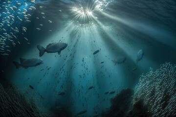 Canvas Print - school of fish swimming in the ocean. Generative AI