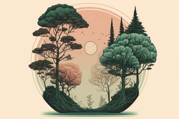 Wall Mural - serene forest landscape with full moon shining through the trees. Generative AI