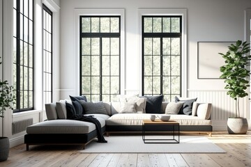 Wall Mural - cozy and stylish living room with ample natural light from multiple windows. Generative AI