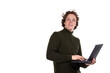 © vladorlov - A young attractive man is working on a laptop. Early morning. White background.