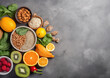 Healthy food selection: fruit, vegetable, seeds, superfood, cereals, leaf vegetable on gray background with copy spaceGenerative AI Illustration