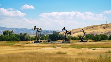 Wall Mural - Oil pump on on hills landscape. Oil pumps. Generative AI