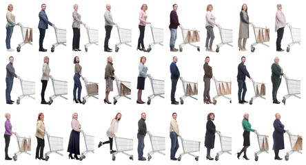 Wall Mural - group of people with cart looking at camera isolated