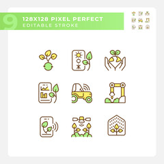 Sticker - Future farming green RGB color icons set. Modern agriculture. High tech. Artificial intelligence. Smart farms. Isolated vector illustrations. Simple filled line drawings collection. Editable stroke