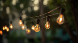 Fototapeta Sawanna - Festive string lights hanging in a backyard on bokeh background, perfect for parties. Generative AI
