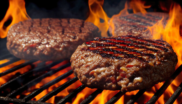 Wall Mural - Delicious smoky hamburger meat grilling for burgers. Burgers and sausages cooking over flames on the grill. AI Generated.