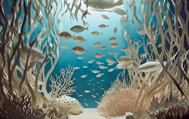 Wall Mural - Fishes in aquarium made of paper. 