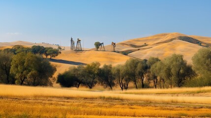 Wall Mural - Oil pump on on hills landscape. Oil pumps. Generative AI