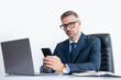 © be free - busy businessman in eyewear using phone in business office with computer