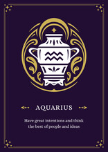 Aquarius Zodiac Horoscope Antique Jug Water Mythic Prediction Vintage Poster Design Template Vector