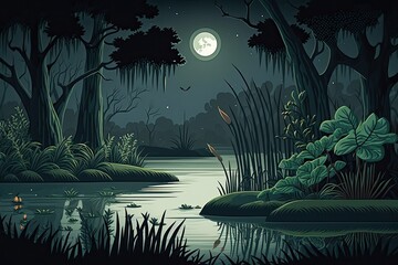 swamp at night with a full moon in the background. Generative AI