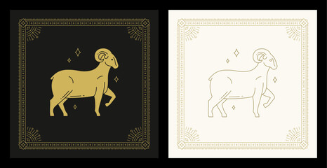 Wall Mural - aries zodiac astrology symbol antique decorative frame line art deco vintage card design set vector