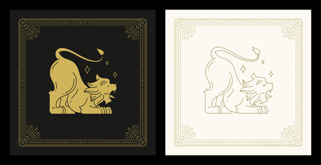 Wall Mural - leo zodiac roaring astrology animal character line art deco vintage card set vector illustration