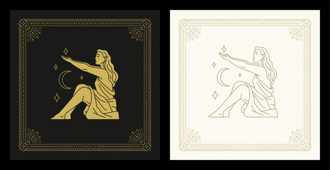 Wall Mural - virgo zodiac astrology symbol woman crescent stars line art deco vintage card set vector