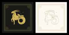 Capricorn Zodiac Goat With Fish Tail Mythology Character Line Art Deco Vintage Card Set Vector