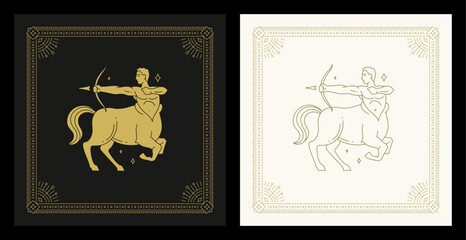 Wall Mural - sagittarius zodiac astrology archery centaur antique line art deco vintage card set vector