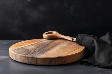  a wooden cutting board with a knife on it and a black cloth on the table next to the cutting board is a black cloth and a black background.  generative ai