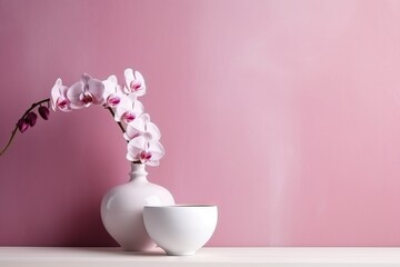  a white vase with pink flowers in it on a table next to a pink wall and a white bowl with a pink flower in it.  generative ai