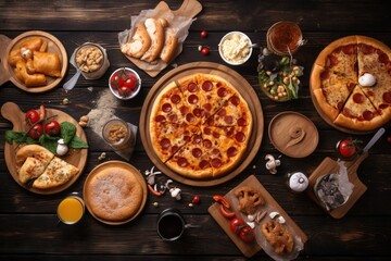  a table topped with pizza and other foods on wooden plates and serving utensils and a glass of orange juice on a wooden table.  generative ai