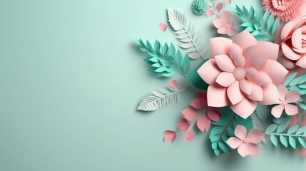 Spring flower and green leaves frame on light blue background. generative Ai