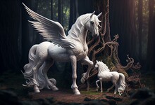 Fantasy Mythical White Unicorn And Pegasus In An Enchanted Forest . 3d Rendering. Generative AI