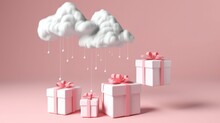 Pink Gifts with Rain cloud on Pink Background. Generative AI.