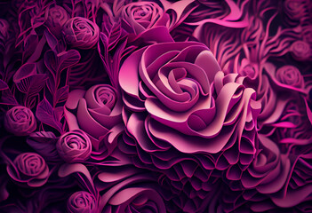 Aufkleber - A complex, multi-layered pattern of interlocking shapes that resembles a Pink rose bush. Generative AI technology.	

