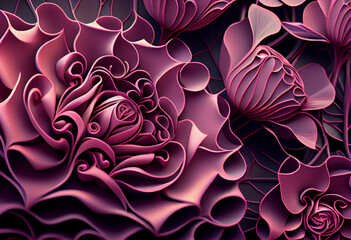 Aufkleber - A complex, multi-layered pattern of interlocking shapes that resembles a Pink rose bush. Generative AI technology.	
