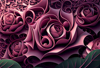 Aufkleber - A complex, multi-layered pattern of interlocking shapes that resembles a Pink rose bush. Generative AI technology.	
