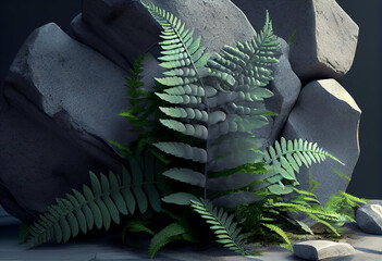 Aufkleber - Beautiful abstract surreal geometric Green leaves of fern on the background of stones. Generative AI technology.
