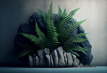 Aufkleber - Beautiful abstract surreal geometric Green leaves of fern on the background of stones. Generative AI technology.
