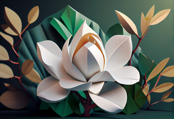 Aufkleber - Beautiful abstract surreal geometric Bright white magnolia flowers. Generative AI technology.
