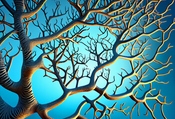 Poster - Beautiful abstract surreal geometric Dry tree branches on the background of the blue sky. Generative AI technology.
