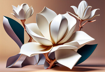 Aufkleber - Beautiful abstract surreal geometric  Bright white magnolia flowers. Generative AI technology.	
