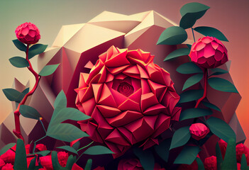Aufkleber - Beautiful abstract surreal geometric  Pink rose bush. Generative AI technology.	
