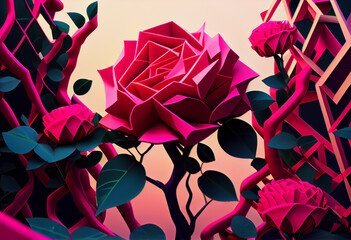Aufkleber - Beautiful abstract surreal geometric  Pink rose bush. Generative AI technology.	
