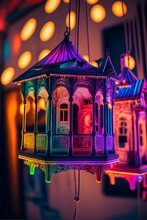 Small Houses Hanging On Chains From A Huge Carousel Colorful Lights Neon Edges UHD HDR 8K Hyper Details Rich Colors Photograph 